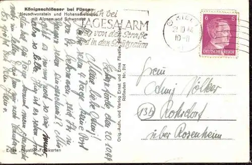 O 358 Karte 1944 aus Kiel, Stempel mit Postleitzahl (24) 