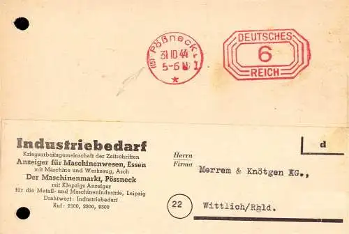 O 360 Postkarte mit seltenen Postfreistempel von 1944 aus Pößneck, Freistempel mit Postleitzahl (15), gelocht