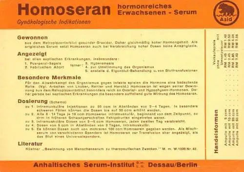 [Ansichtskarte] O 380 Pharmazie, Werbung der Firma Anhaltinisches Serum Institut Dessau Berlin. 