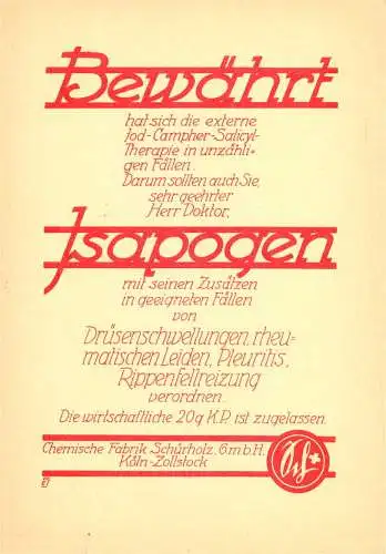 [Ansichtskarte] O 393 Pharmazie, dekorative Werbung Chemische Fabrik Schürholz aus Köln Zollstock. 