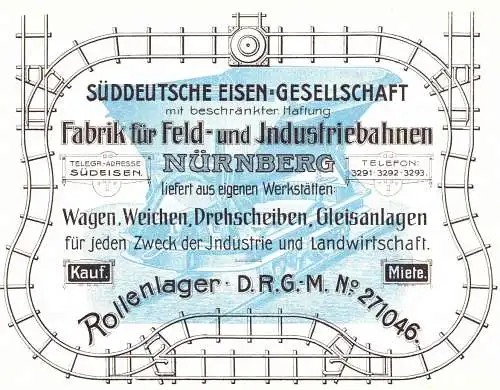 [Werbepostkarte] O 505 Werbung der Fabrik für Feld und Industriebahnen, Nürnberg, Eisenbahn. 