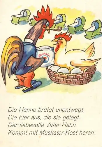 [Werbepostkarte] O 410, Werbung, der Firma Bergisches Kraftfutterwerk aus Düsseldorf Hafen für Muskator Futter, Huhn, Geflügel. 