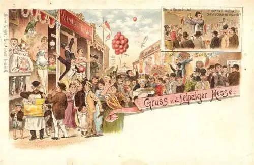 [Lithographie] O 415, Litho Gruß von der Leipziger Messe mit Jahrmarkt, Variete, Leipzig. 