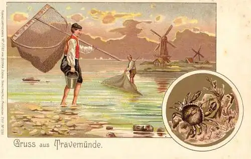 [Lithographie] O 418, Gruß aus Travemünde, mit Krabbe. Entwurf der Karte vom Verlag Ottmar Zieher, München. 