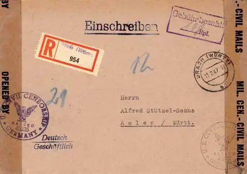 O 422 Brief, Gebühr Bezahlt per Einschreiben aus Bad Urach mit Doppel-Zensur nach Aalen, Württemberg