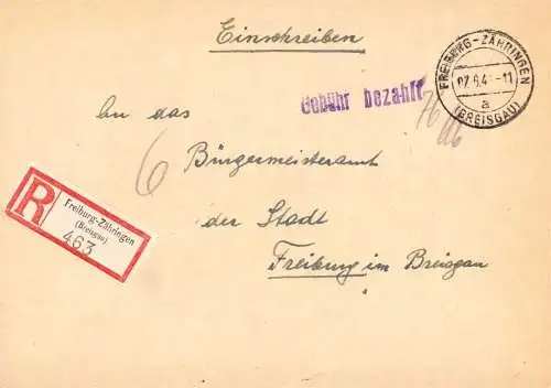 O 425 Brief, Gebühr Bezahlt per Einschreiben aus Freiburg Zähringen