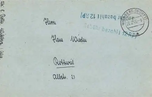 O 427 Brief, Gebühr Bezahlt aus Wildberg, Württemberg