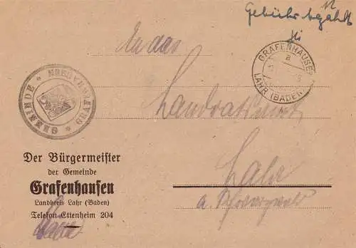 O 428 Brief, Gebühr Bezahlt aus Grafenhausen über Lahr in Baden