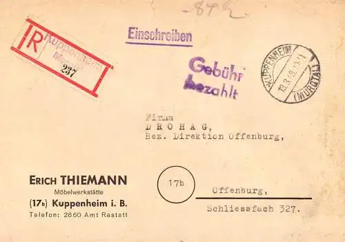 O 429 Brief, Gebühr Bezahlt per Einschreiben aus Kuppenheim Murgtal, Baden