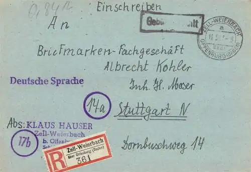 O 430 Brief, Gebühr Bezahlt per Einschreiben aus Zell-Weierbach über Offenburg in Baden