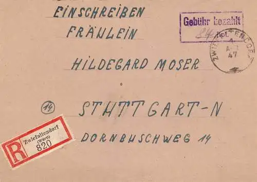 O 432 Brief, Gebühr Bezahlt per Einschreiben aus Zwiefaltendorf mit Altstempel Württemberg
