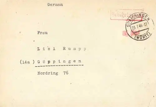 O 433 Brief, Gebühr Bezahlt aus Spaichingen