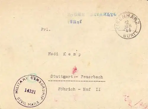 O 434 Brief, Gebühr Bezahlt aus Eisenharz OT Argenbühl (Ravensburg) mit Zensur und Altstempel Württemberg