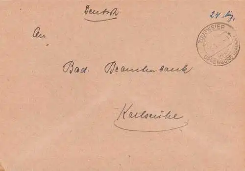 O 436 Brief, Gebühr Bezahlt aus Zunsweier über Offenburg Baden