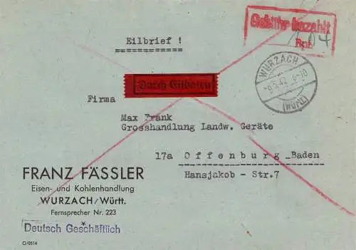 O 437 Brief, Gebühr Bezahlt per Eilboten aus Bad Wurzach Württemberg