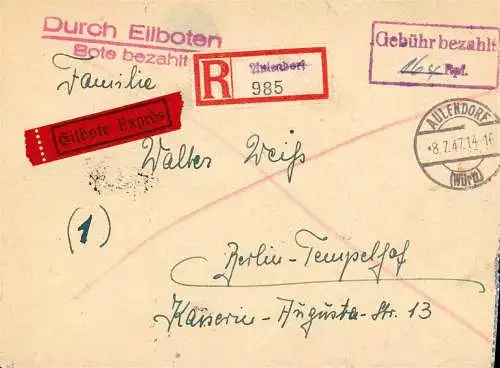 O 441 Brief, Gebühr Bezahlt per Einschreiben und Eilboten aus Aulendorf Württemberg