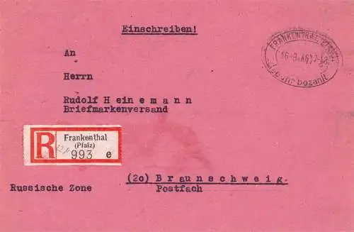 O 442 Brief, Gebühr Bezahlt per Einschreiben aus Frankenthal (Pfalz)