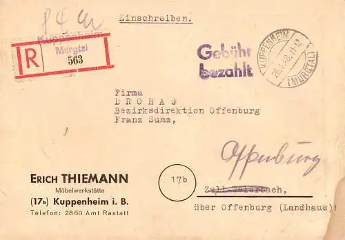 O 445 Brief, Gebühr Bezahlt per Einschreiben aus Kuppenheim (Murgtal) Baden