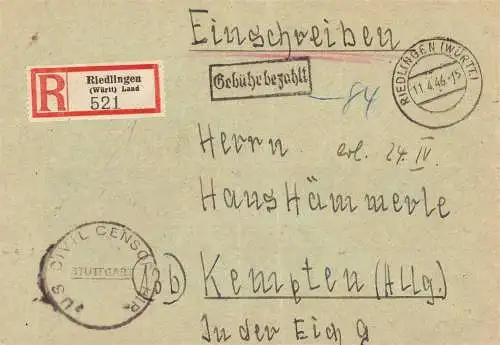 O 446 Brief, Gebühr Bezahlt per Einschreiben mit Zensur aus Riedlingen (Württemberg)