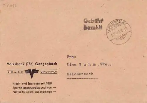 O 447 Brief, Gebühr Bezahlt aus Gengenbach nach Reichenbach