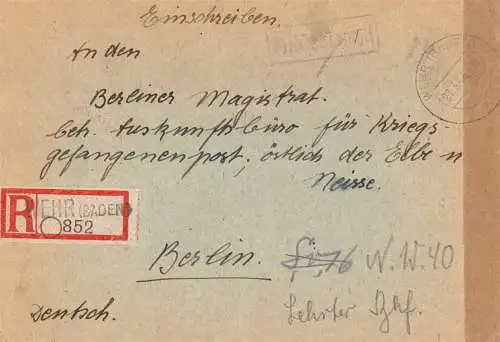 O 448 Brief, Gebühr Bezahlt per Einschreiben aus Wehr (Baden)