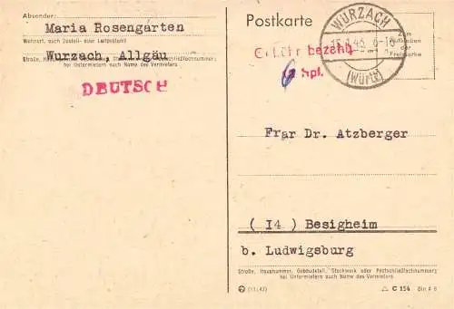 O 452 Karte, Gebühr Bezahlt aus Bad Wurzach (Württemberg)