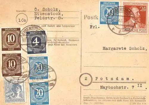 O 461 Postkarte 1948, mit portogerechter Zehnfach Frankatur aus Eibenstock