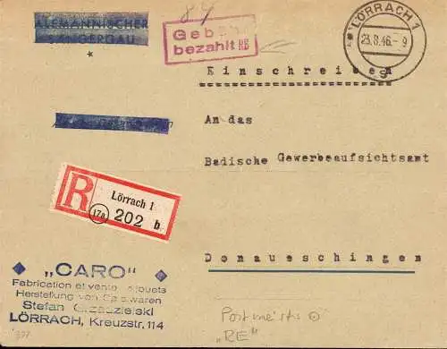 O 464 Brief, Gebühr Bezahlt, Postmeister RE, per Einschreiben aus Lörrach (Baden)