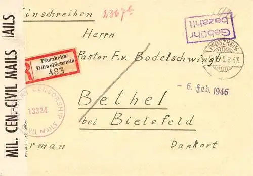 O 466 Brief, Gebühr Bezahlt per Einschreiben mit Zensur aus Pforzheim Dillweißenstein