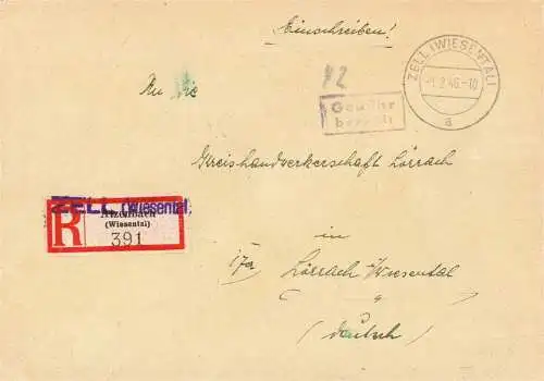 O 467 Brief, Gebühr Bezahlt per Einschreiben aus Zell im Wiesental, Aufbrauch R - Zettel von Atzenbach