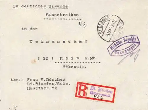 O 468 Brief, Gebühr Bezahlt Taxe percue per Einschreiben aus St Blasien, Schwarzwald