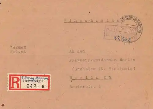 O 470 Brief, Gebühr Bezahlt per Einschreiben aus Schriesheim, Aufbrauch des R - Zettel von Heidelberg