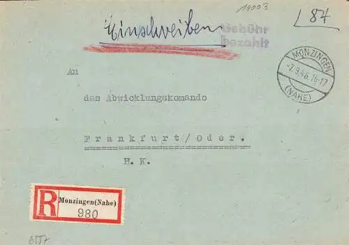 O 471 Brief, Gebühr Bezahlt per Einschreiben aus Monzingen Nahe
