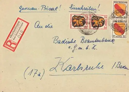 O 474 Brief, Französische Zone per Einschreiben aus Oberbaldingen über Donaueschingen