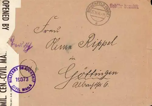 O 476 Brief, Gebühr Bezahlt mit Zensur aus Birkenfeld (Nahe)