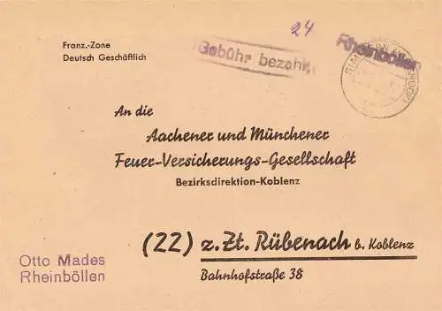 O 481 Brief, Gebühr Bezahlt, mit Notstempel aus Rheinböllen, Französische Zone