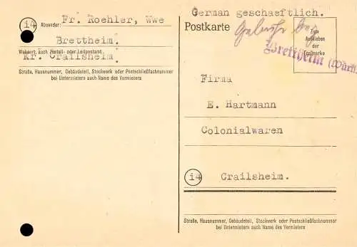 O 482 Karte, Gebühr Bezahlt, mit Notstempel aus Brettheim OT Rot am See