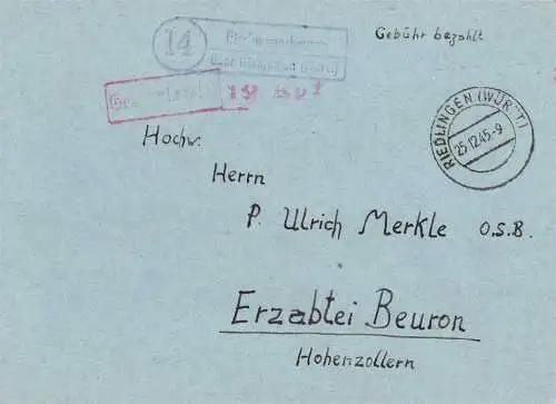 O 483 Brief, Gebühr Bezahlt, von der Posthilfsstelle Bischmannshausen Post Riedlingen