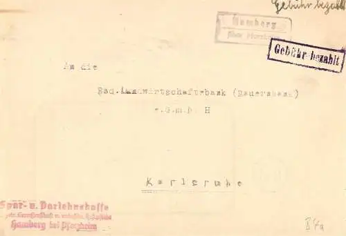 O 484 Brief, Gebühr Bezahlt, von der Posthilfsstelle Hamberg über Pforzheim