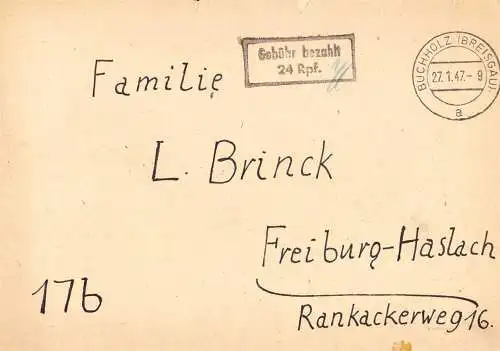 O 485 Brief, Gebühr Bezahlt aus Buchholz im Breisgau, OT Waldkirch (Emmendingen), Französische Zone