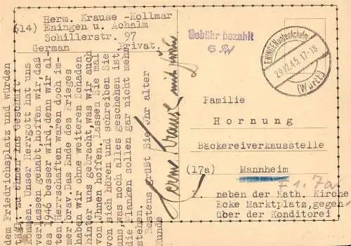 O 488 Karte mit Gebühr Bezahlt aus Eningen unter Achalm