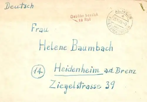 O 492 Brief, Gebühr Bezahlt aus Ailingen OT Friedrichshafen