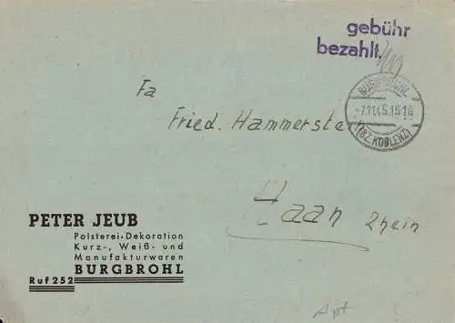 O 495 Brief, Gebühr Bezahlt aus Burgbrohl, Französische Zone