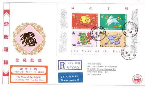 O 503G, FDC, Hongkong Block The Year of the Rabbit 1987auf echt gelaufenen Brief aus China nach Deutschland