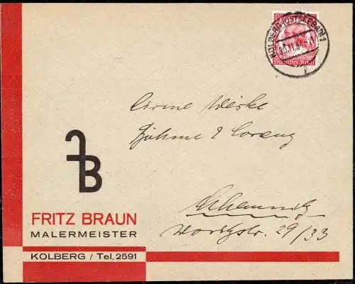 O 506 Kolberg, Pommern, Werbung, dekorativer Briefumschlag des Malermeister Fritz Braun
