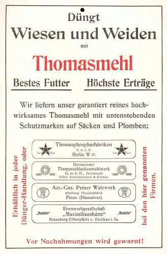O 507G Werbung (24 x 16cm) der Thomasmehl Fabriken für Dünemittel u. a. der Firmen Maxhütte in Rosenberg (Oberpfalz) und Peiner Walzwerk, 