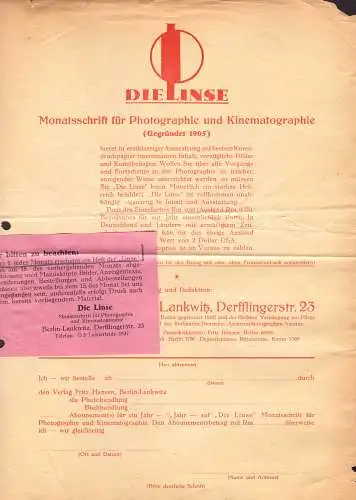 O 518 Die Linse, Werbung der Monatsschrift für Fotografie und Kinematographie mit dekorativem Firmenlogo aus Berlin Steglitz, Derflingerstr. 