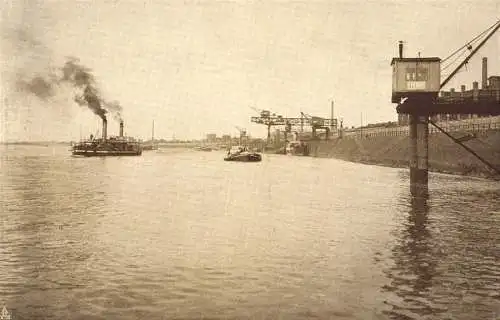 [Echtfotokarte schwarz/weiß] O 524, Leverkusen, Farbenfabriken Bayer, Chemie, Industrie, Binnenschifffahrt, Rhein, Foto Willi Roerts. 
