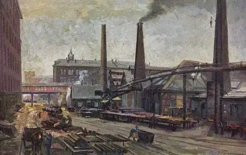 [Werbepostkarte] O 527, Krupp, 10 Künstlerpostkarten Serie mit Bildern aus dem Stahlwerk / Industrie in Essen, Ruhr. 