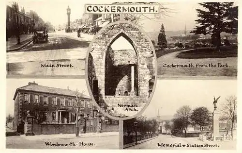 [Echtfotokarte schwarz/weiß] O 554, Cockermouth, Cumberland, England, 2 Karten mit Ortsansichten. 